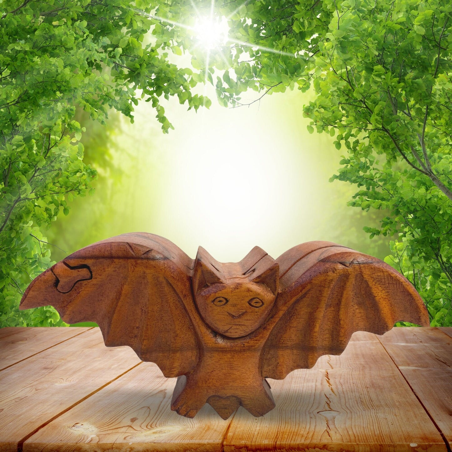 Bat Chiroptera Secret Puzzle Box Stash Box Jewelry Gift Box Hand Carved Wood Carving Bali Art Gothic style