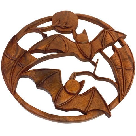 Balinese Gothic Bat Hand Carved Wood Relief Panel Full Moon Decorative Wall Art Round Plaque Handmade Carving Spooky Decor Chiroptera