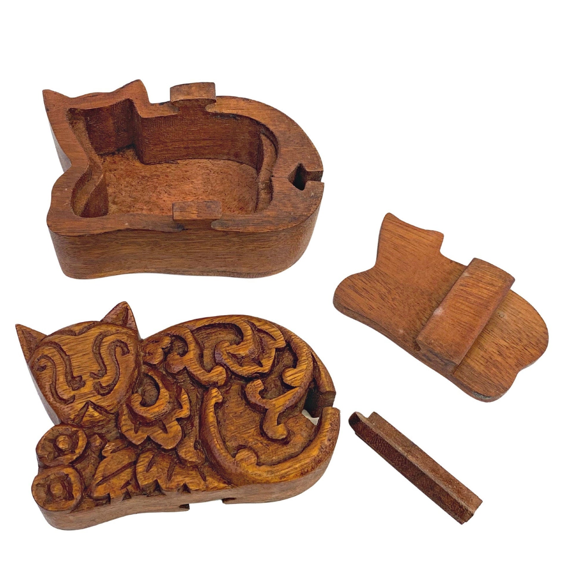 Cheshire Cat Kitty Trippy Cat Secret Puzzle Box Trinket Stash Box Hand Carved Wood jewelry gift box - Acadia World Traders