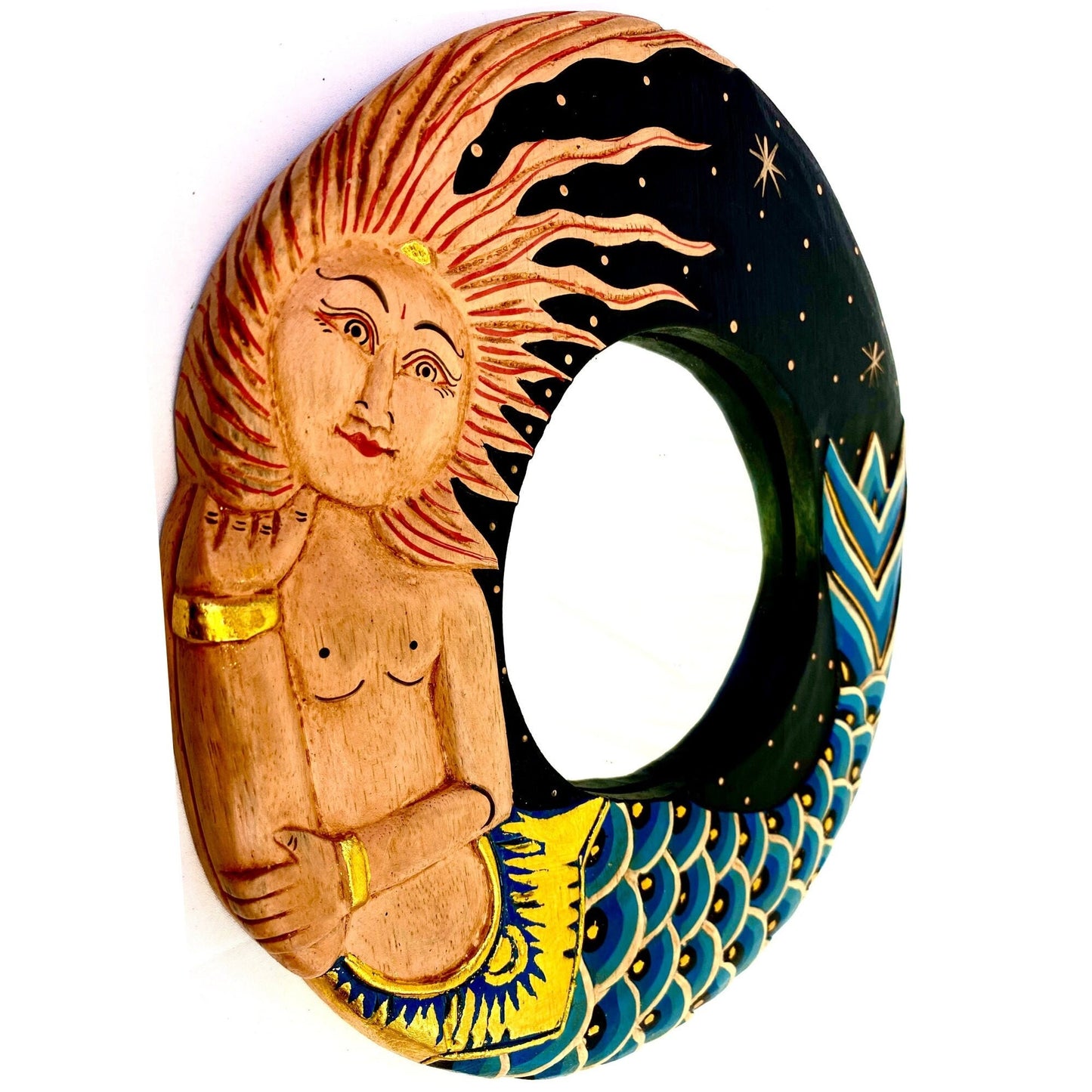 Balinese Folkloric Mermaid Goddess wall Mirror Carved Wood Bali Folk Art Nautical Beach decor Teal