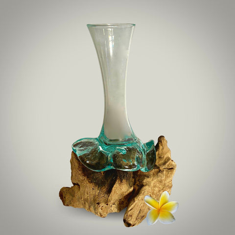 Hand Blown Molten Glass Teak Wood Base Propagation Bud Vase House Plant Rooter Slumped Reclaimed Recycled Eclectic Boho Decor Balinese Art