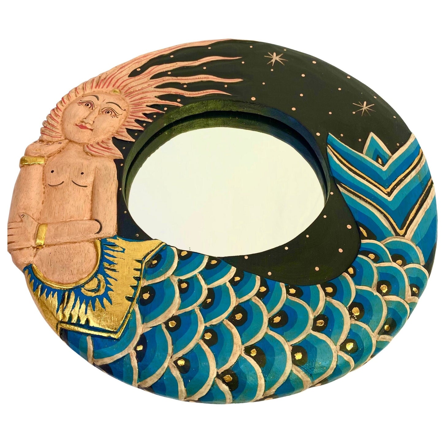 Balinese Folkloric Mermaid Goddess wall Mirror Carved Wood Bali Folk Art Nautical Beach decor Teal