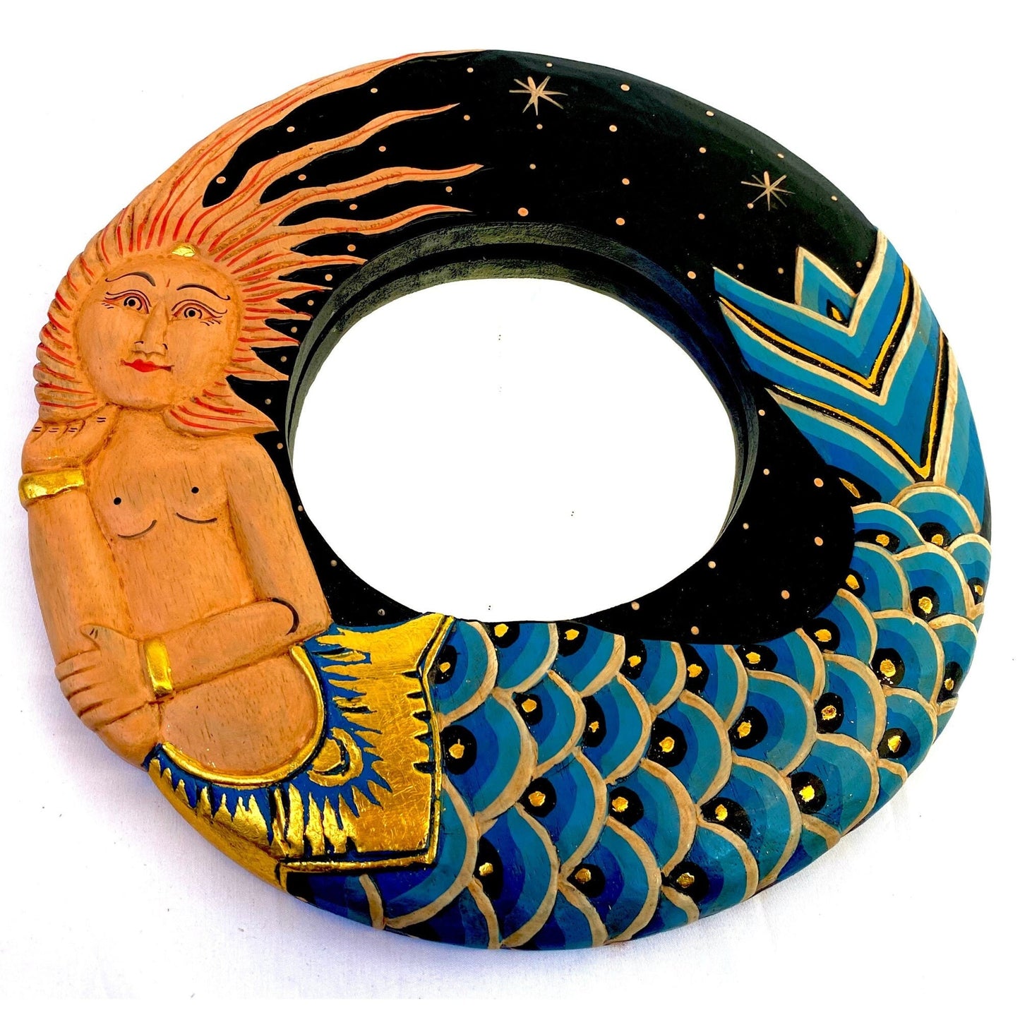 Balinese Folkloric Mermaid Goddess wall Mirror Carved Wood Bali Folk Art Nautical Beach decor Teal