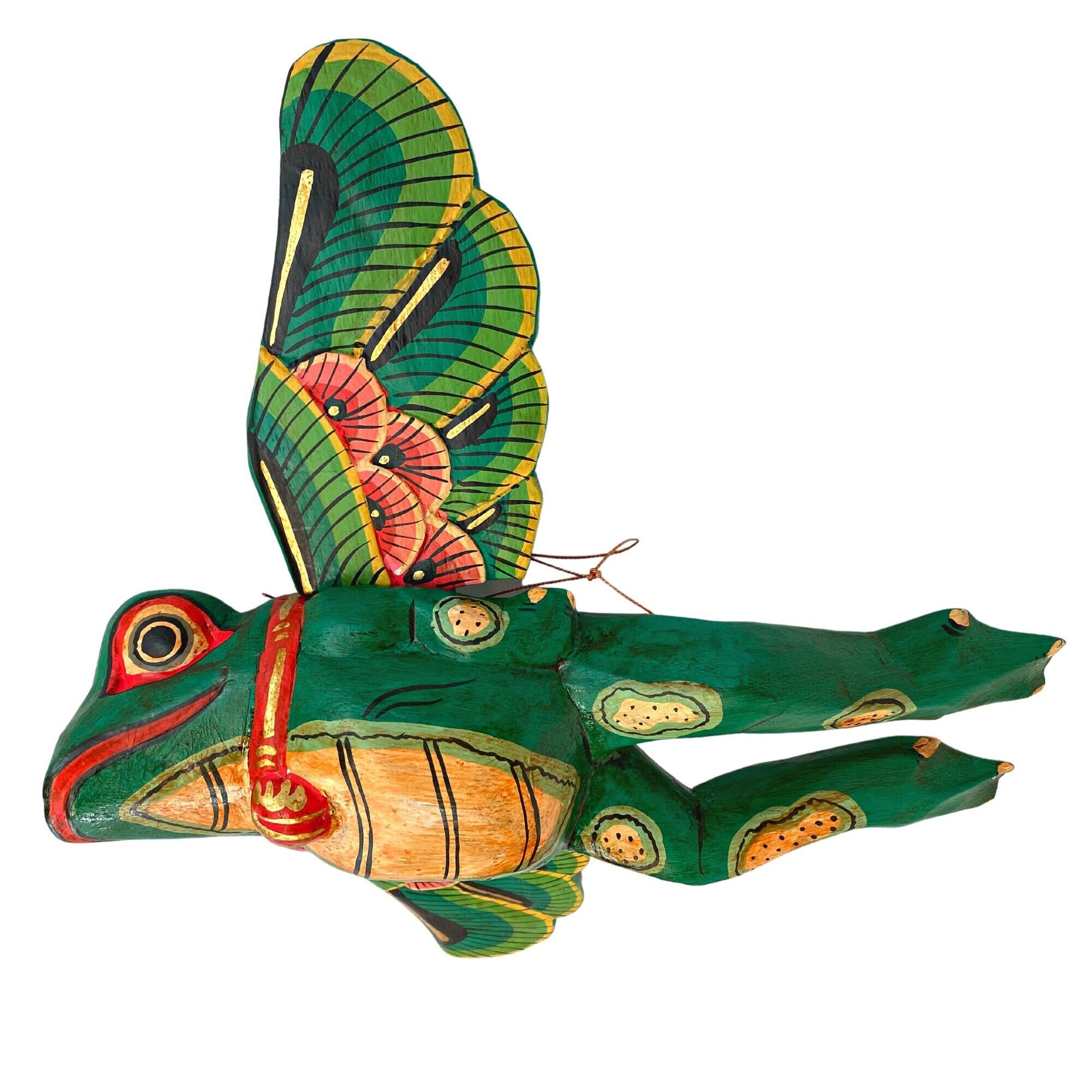FLYING Frog Mobile Winged Spirit demon Chaser hand carved wood Balinese Folk Art green - Acadia World Traders