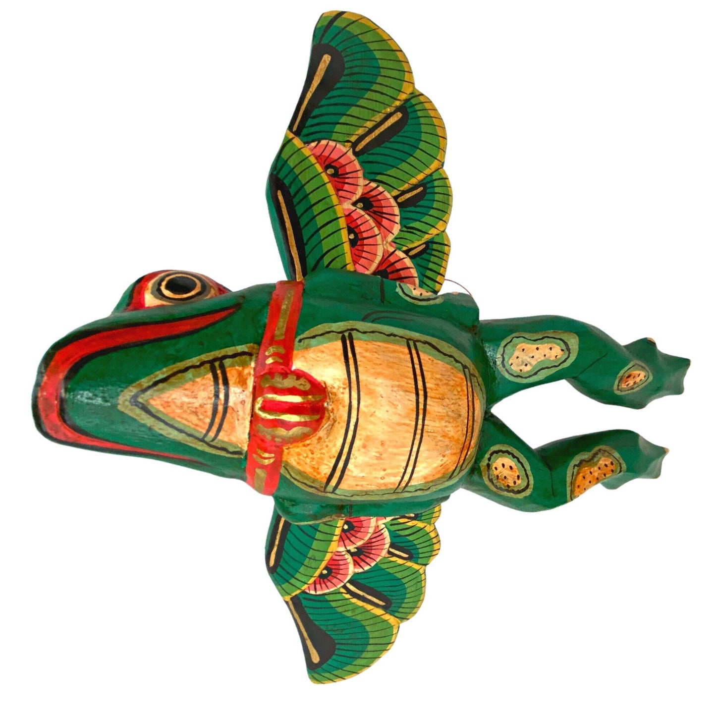 FLYING Frog Mobile Winged Spirit demon Chaser hand carved wood Balinese Folk Art green - Acadia World Traders