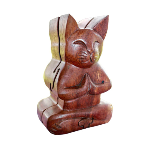 Namaste Cat  Secret puzzle Box Stash Trinket carved suar wood Bali Art