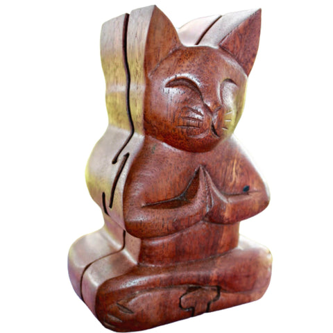 Namaste Cat  Secret puzzle Box Stash Trinket carved suar wood Bali Art