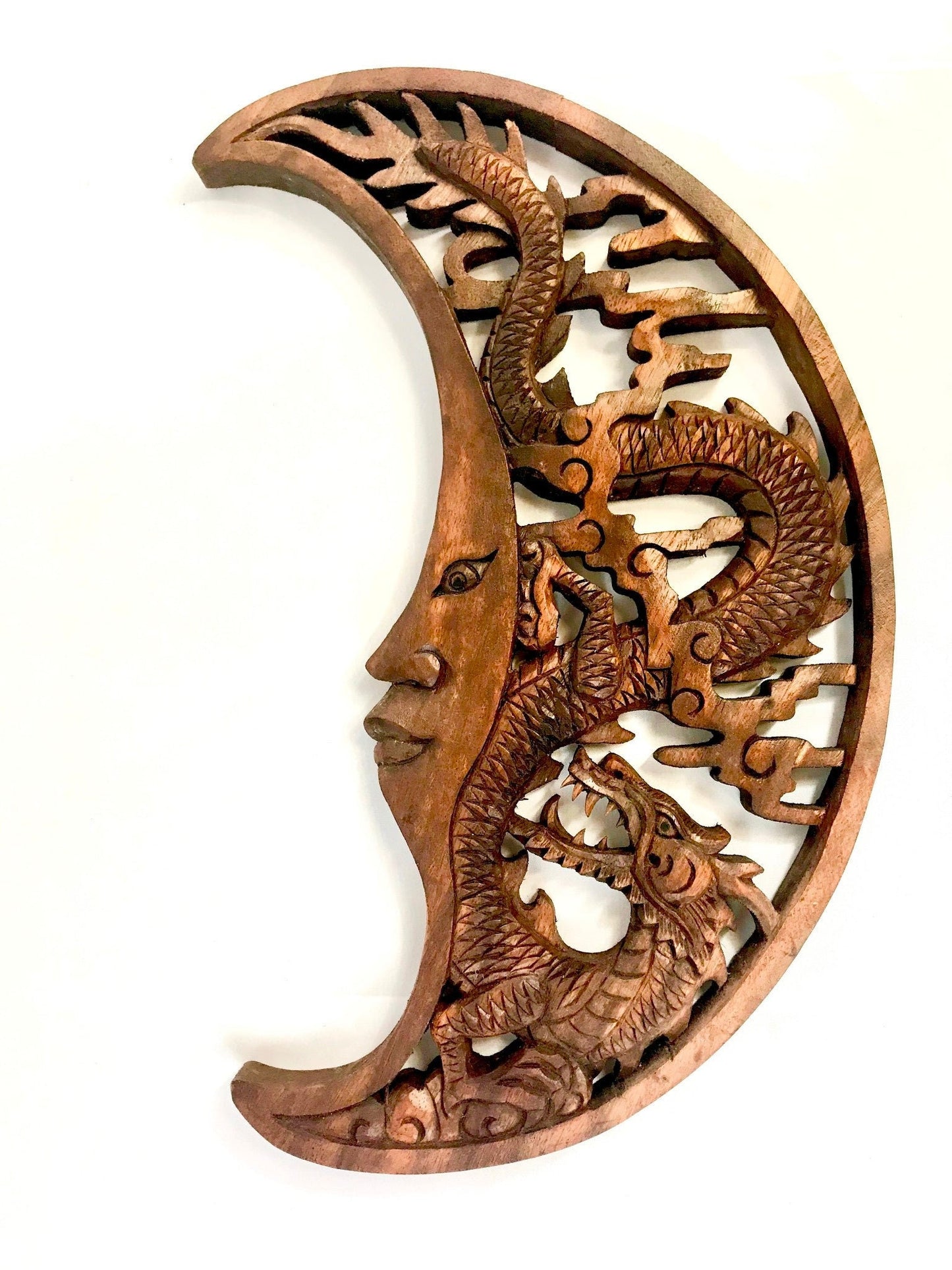 Dragon & Crescent Moon Panel Hand Carved Wooden Wall Art Relief Wood carving Plaque Balinese Decor - Acadia World Traders