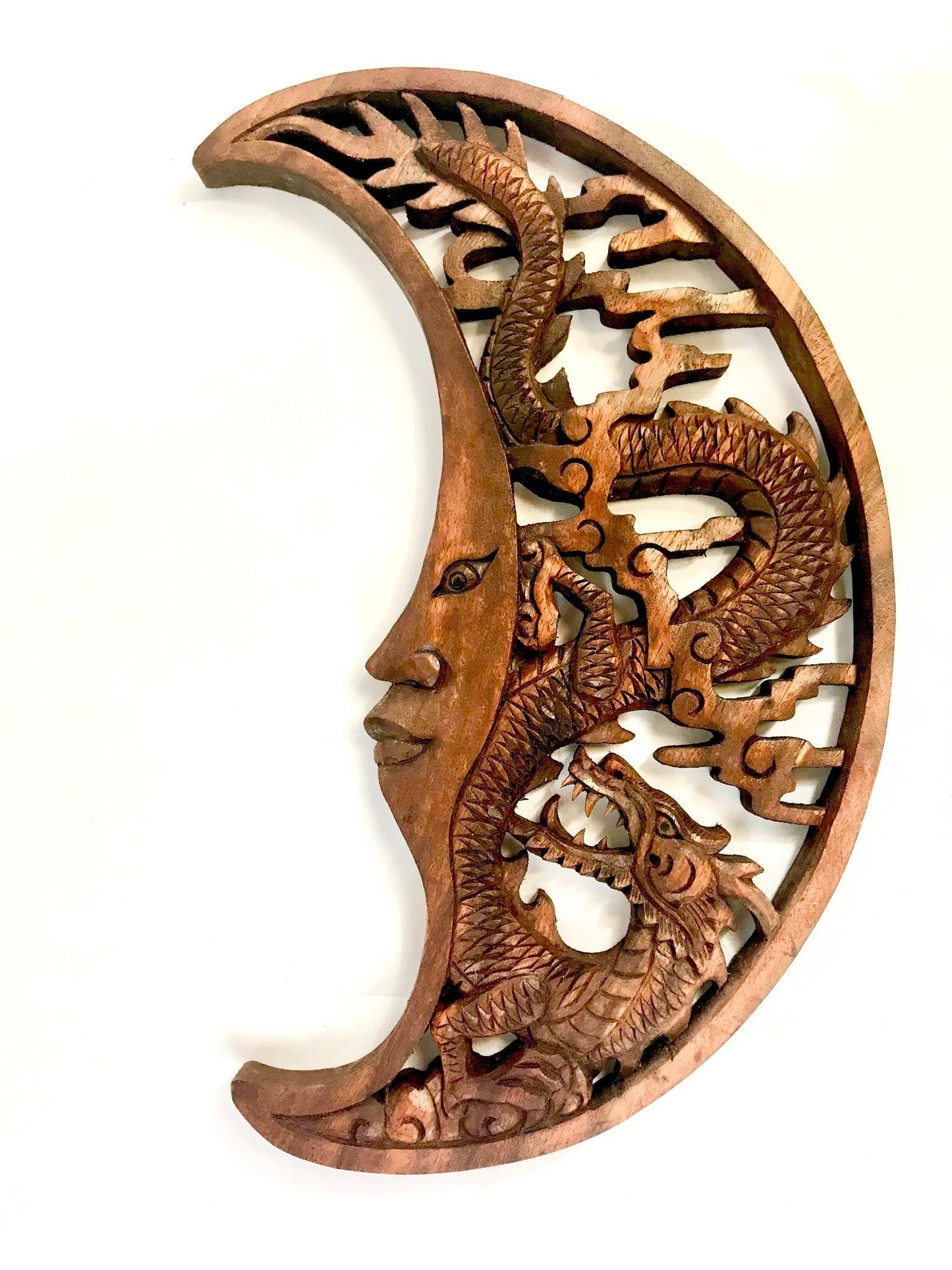 Hand Carved Dragon & Crescent Moon Wood Wall Art Panel: Balinese Wood Carving