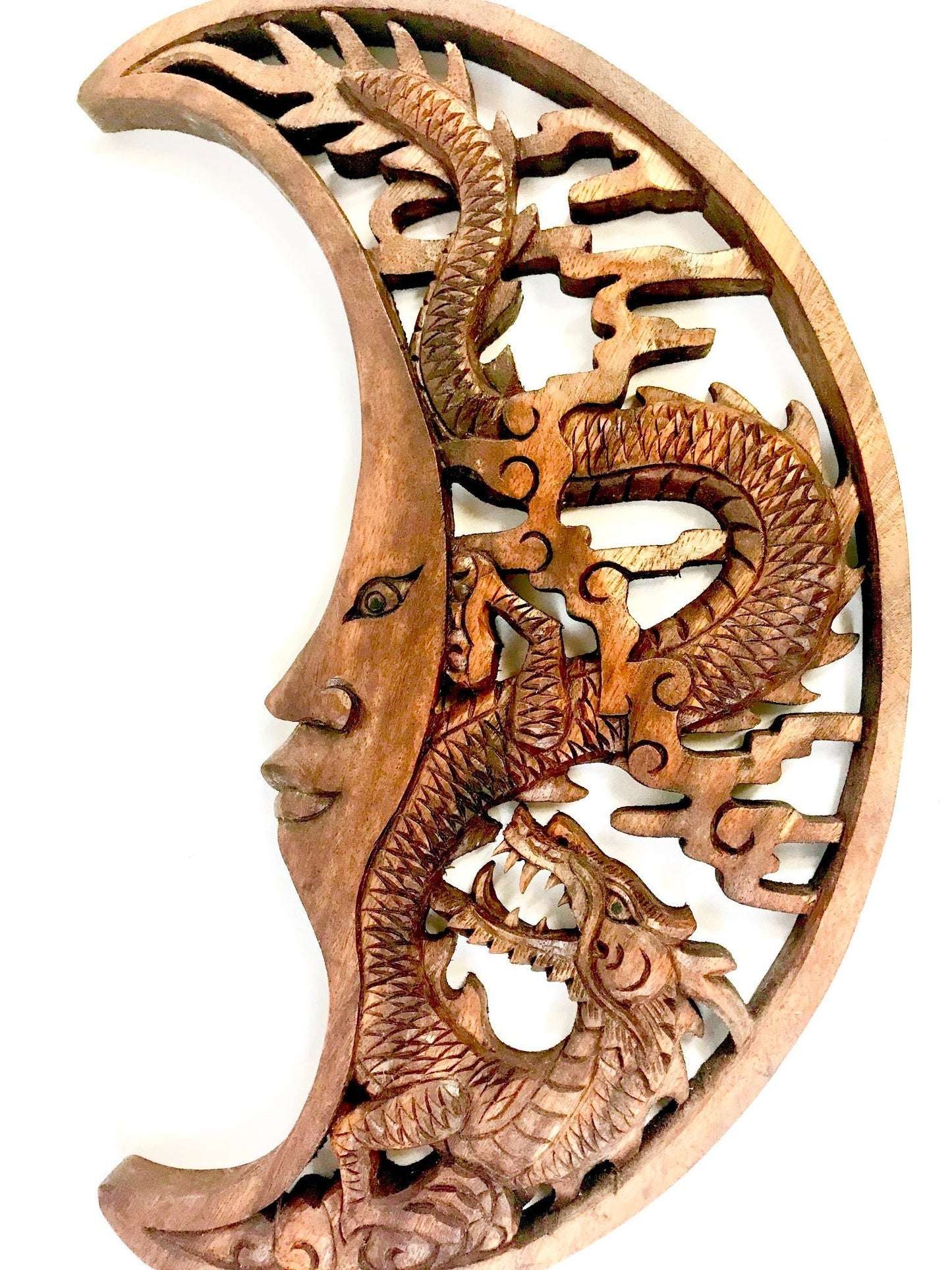 Hand Carved Dragon & Crescent Moon Wood Wall Art Panel: Balinese Wood Carving