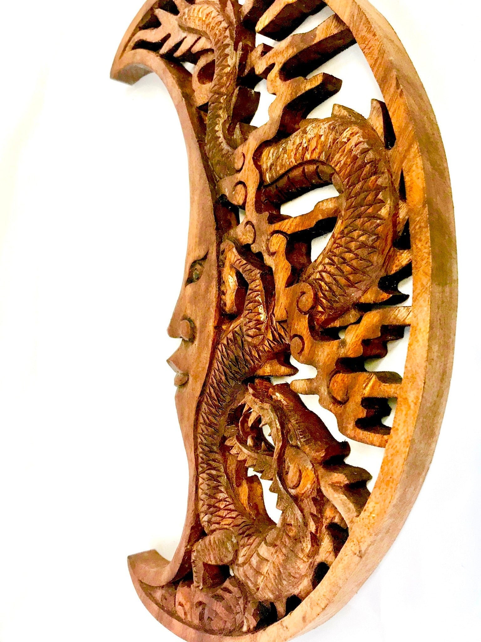 Dragon & Crescent Moon Panel Hand Carved Wooden Wall Art Relief Wood carving Plaque Balinese Decor - Acadia World Traders