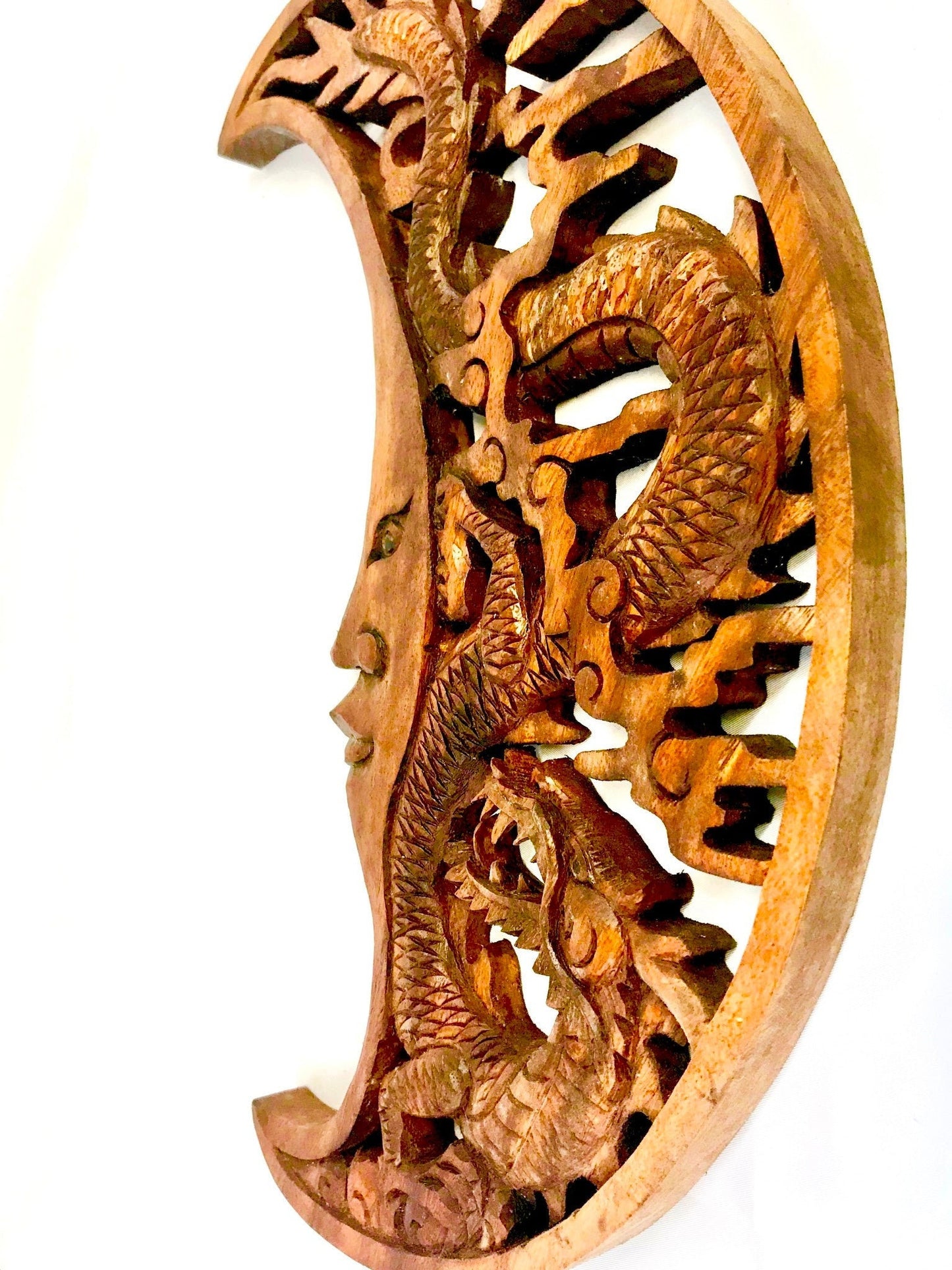 Hand Carved Dragon & Crescent Moon Wood Wall Art Panel: Balinese Wood Carving