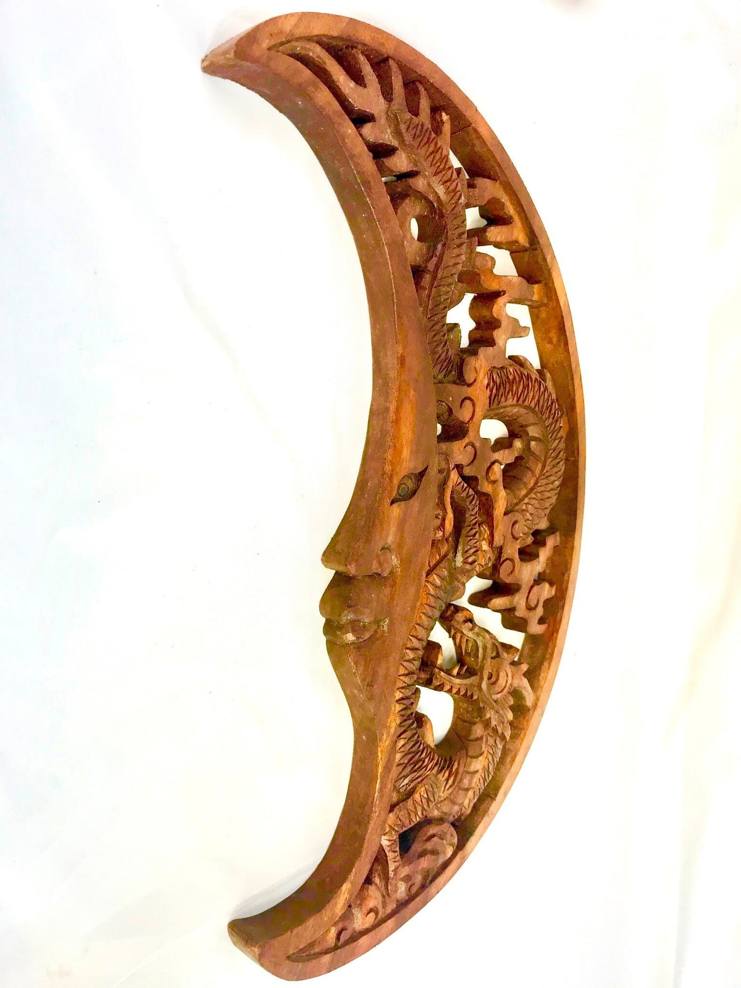 Hand Carved Dragon & Crescent Moon Wood Wall Art Panel: Balinese Wood Carving