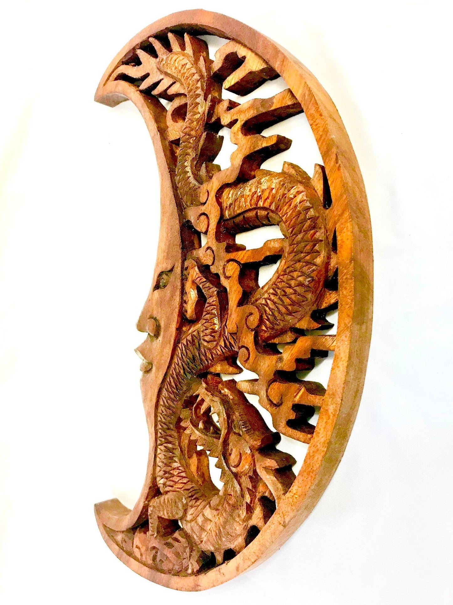 Hand Carved Dragon & Crescent Moon Wood Wall Art Panel: Balinese Wood Carving
