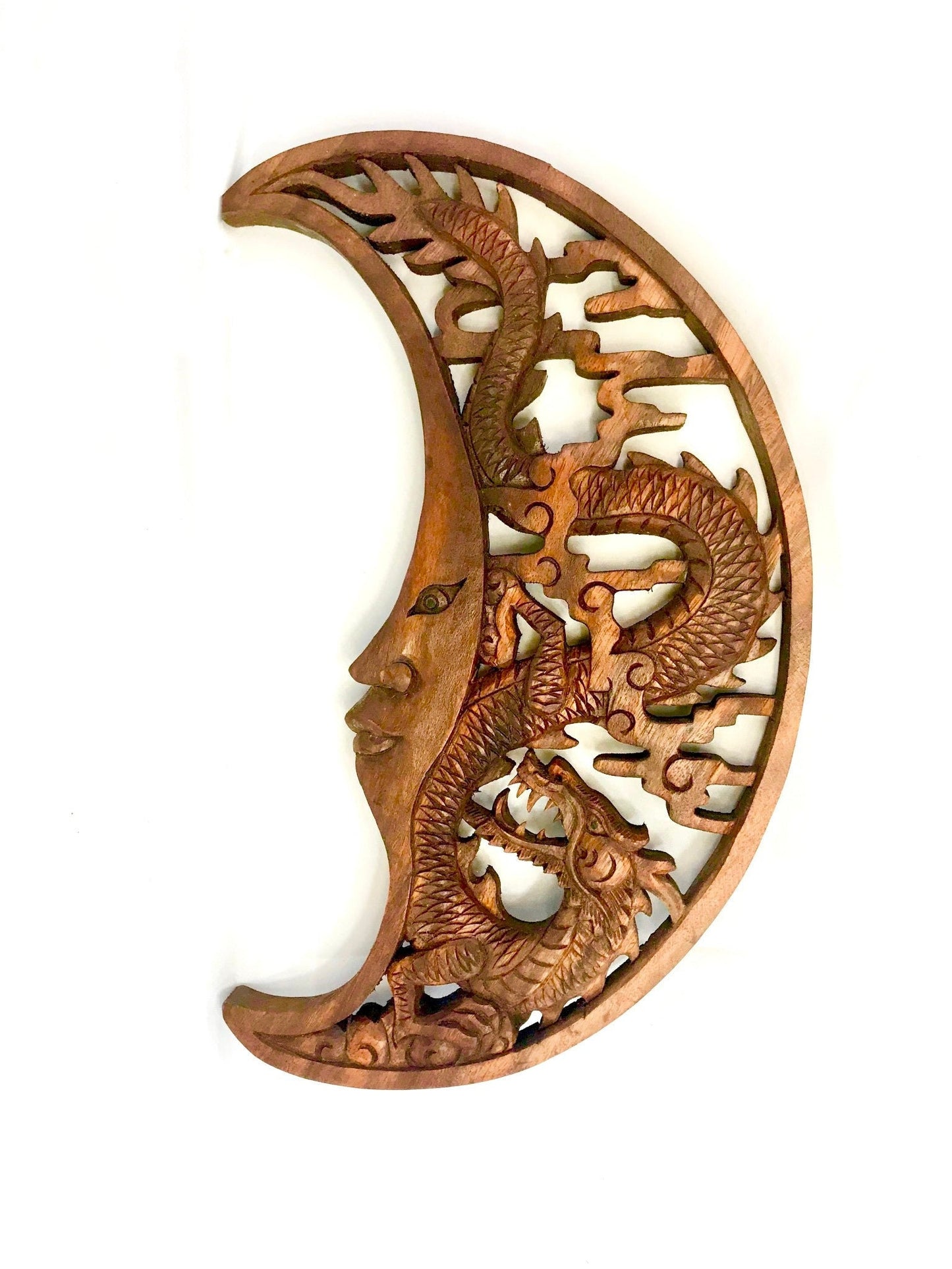 Hand Carved Dragon & Crescent Moon Wood Wall Art Panel: Balinese Wood Carving