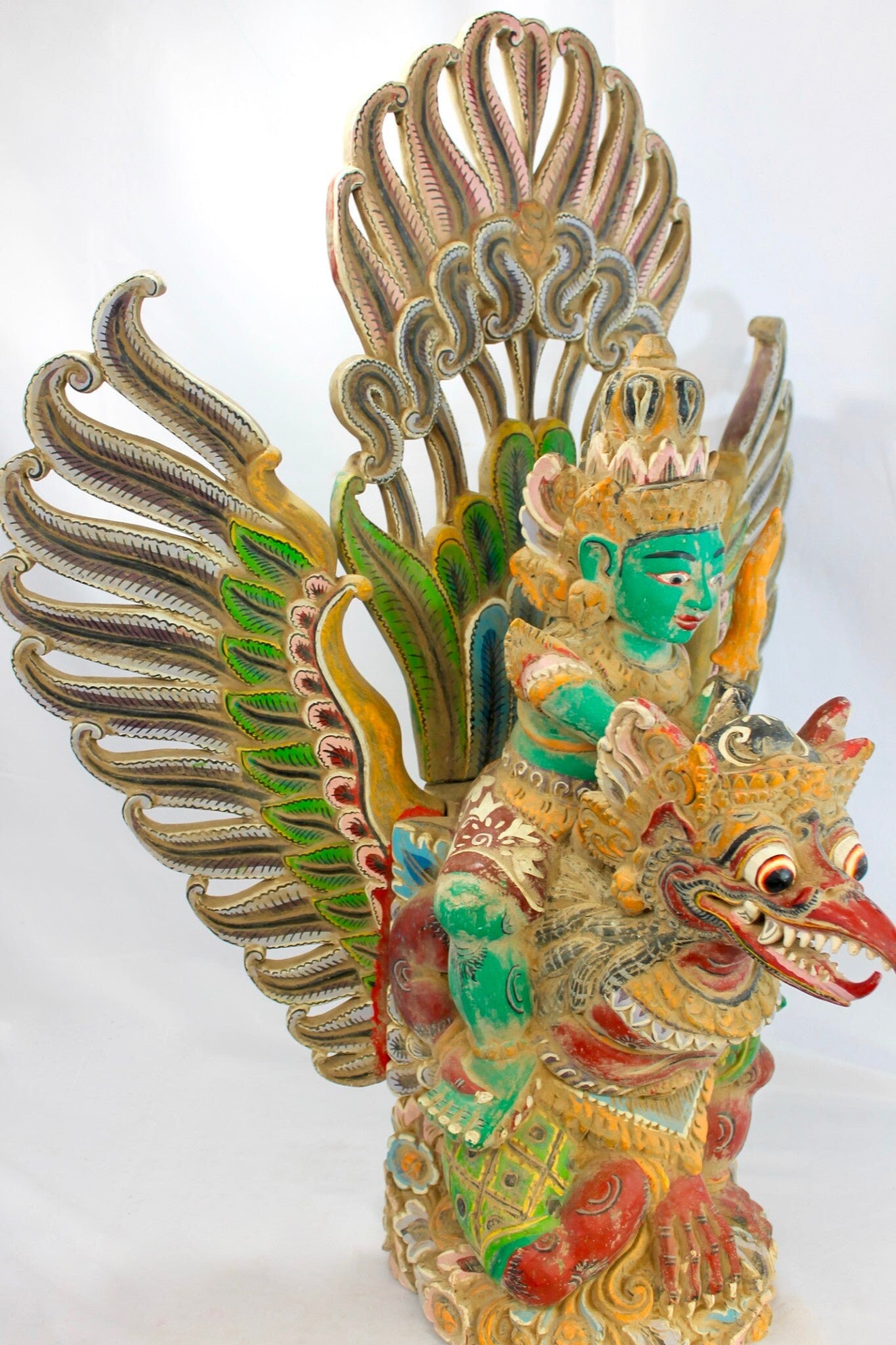 Balinese Hand Carved Garuda Vishnu Statue: Indonesian Polychrome Wood Guardian Sculpture