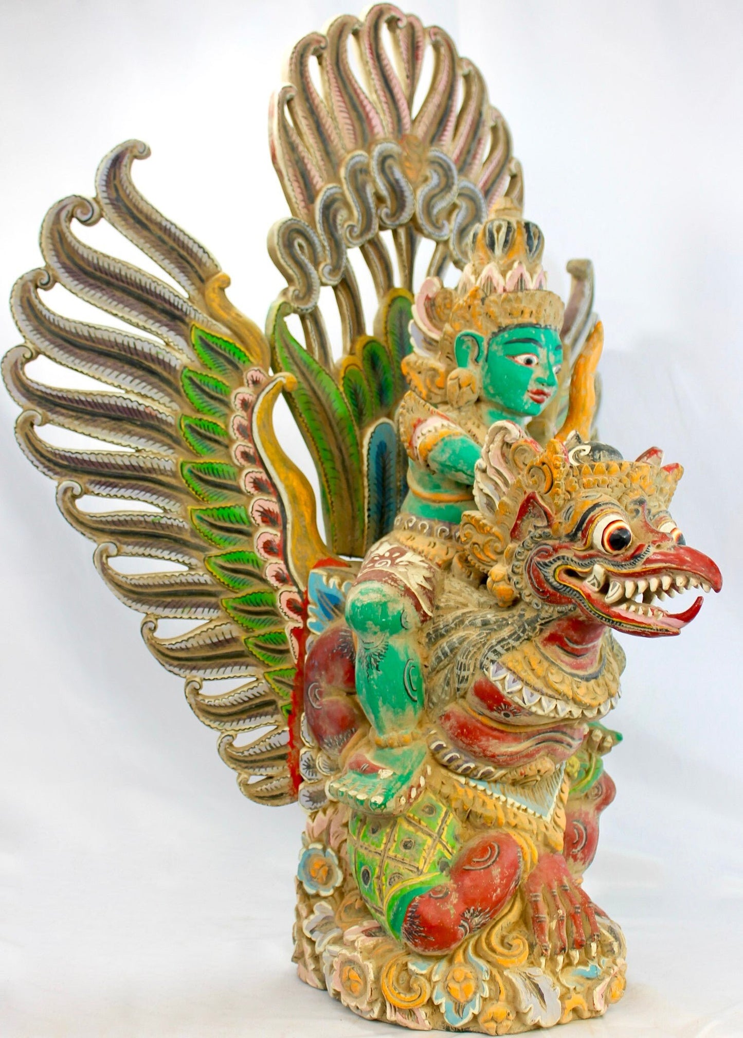 Balinese Hand Carved Garuda Vishnu Statue: Indonesian Polychrome Wood Guardian Sculpture