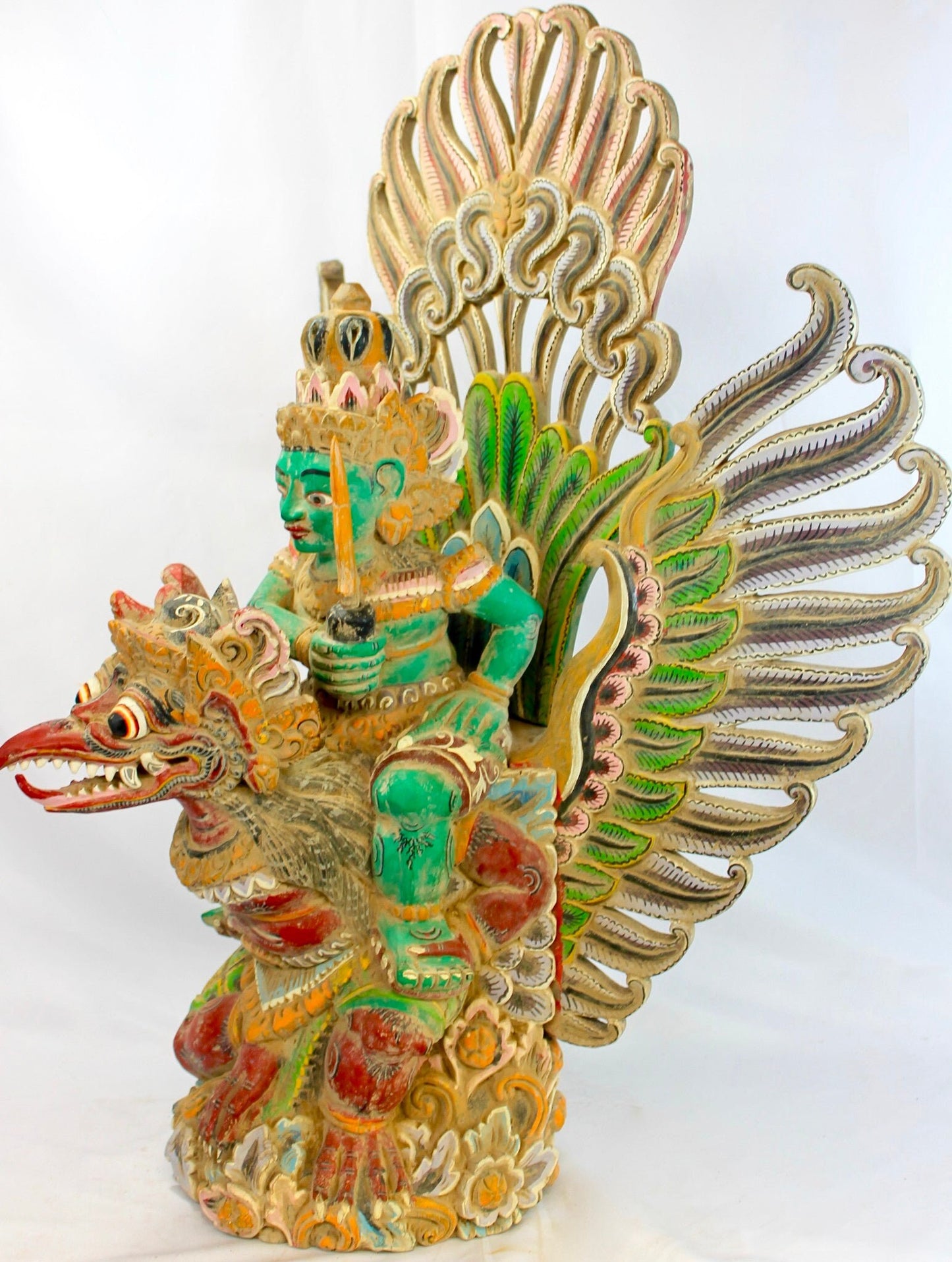 Balinese Hand Carved Garuda Vishnu Statue: Indonesian Polychrome Wood Guardian Sculpture