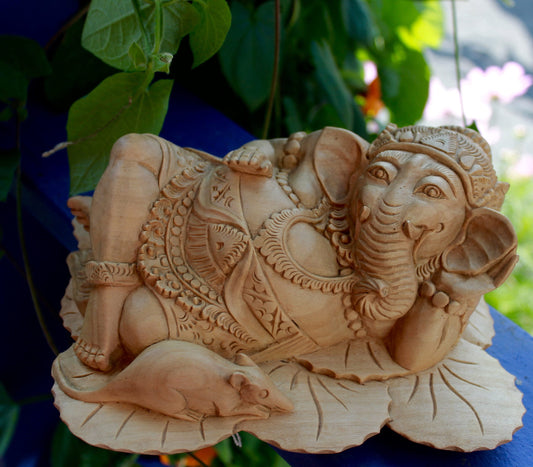 Balinese Reclining Ganesh with Vahana Mouse Wise Elephant God Wood Carving