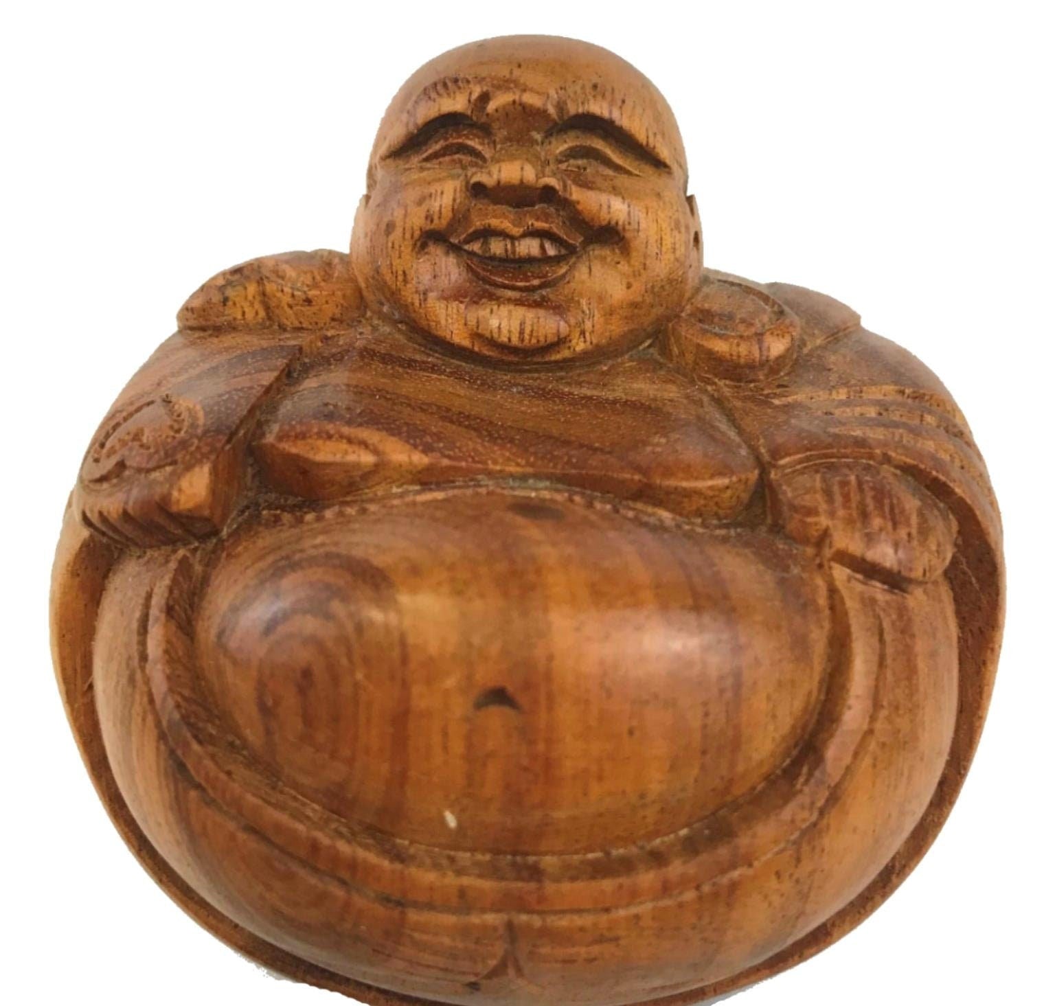 Hotei Laughing Buddha Statue Sculpture hand carved wood Bali Art - Acadia World Traders