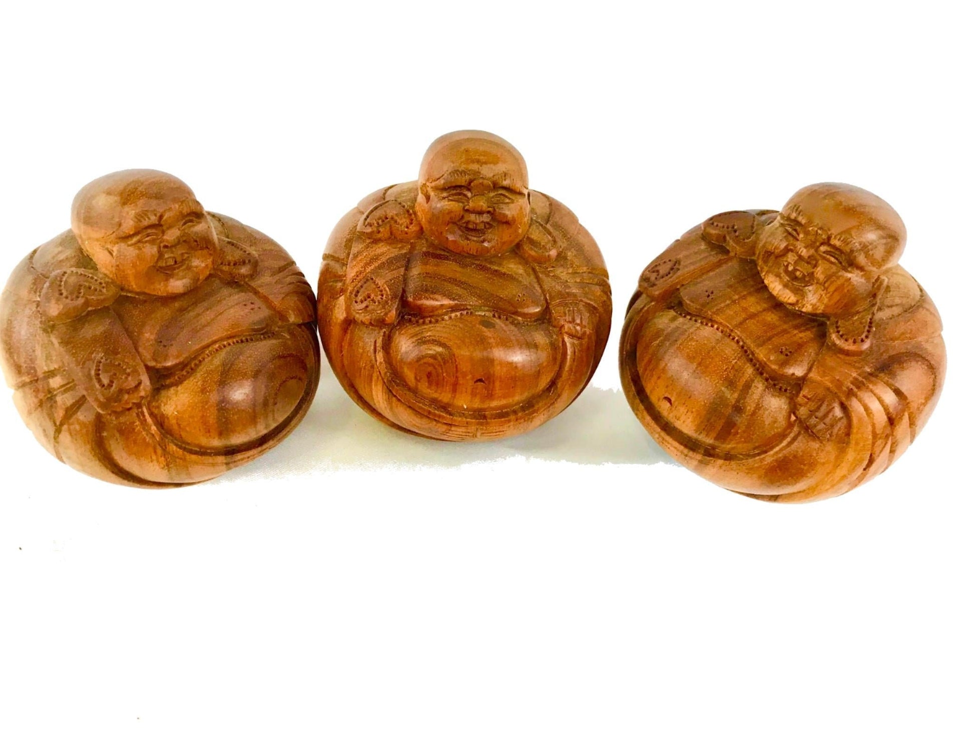 Hotei Laughing Buddha Statue Sculpture hand carved wood Bali Art - Acadia World Traders