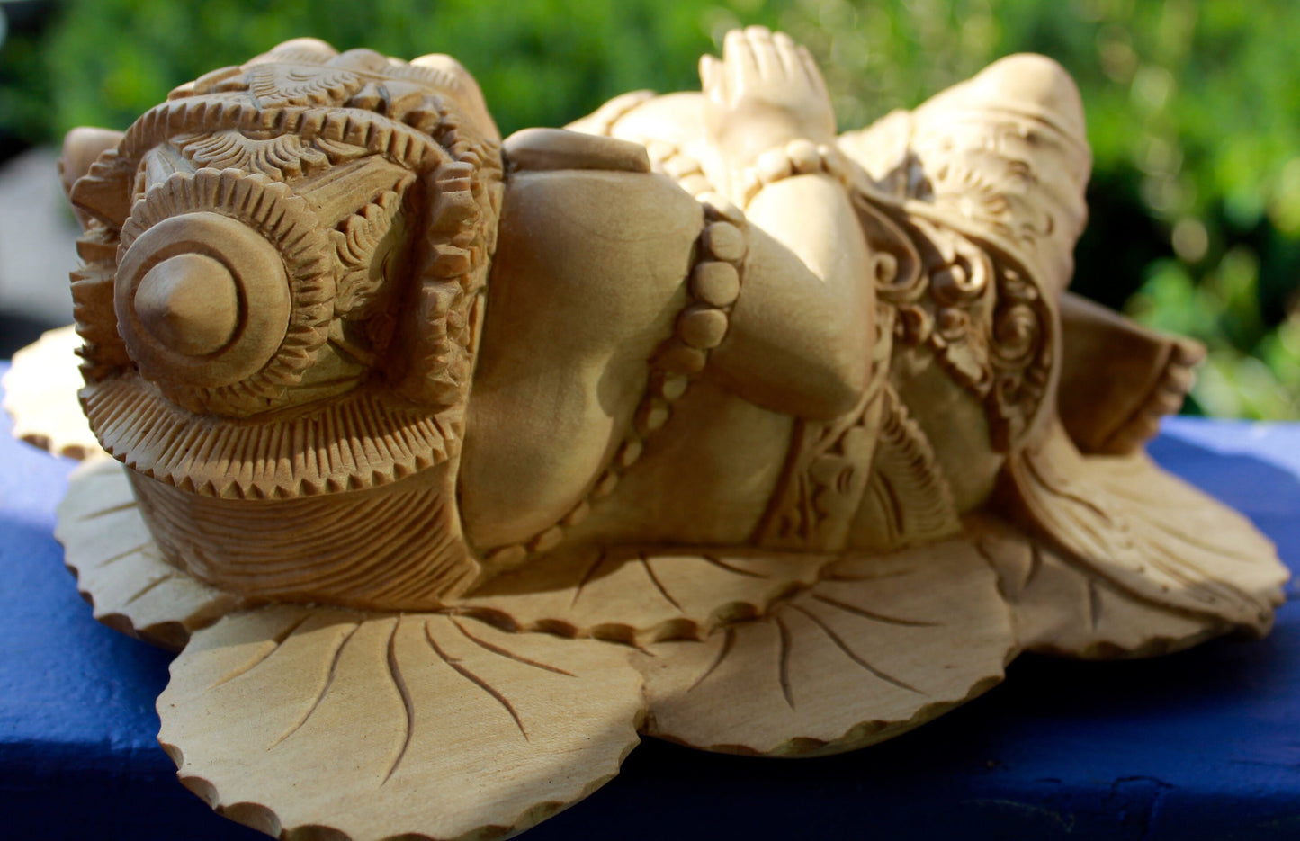 Balinese Reclining Ganesh with Vahana Mouse Wise Elephant God Wood Carving