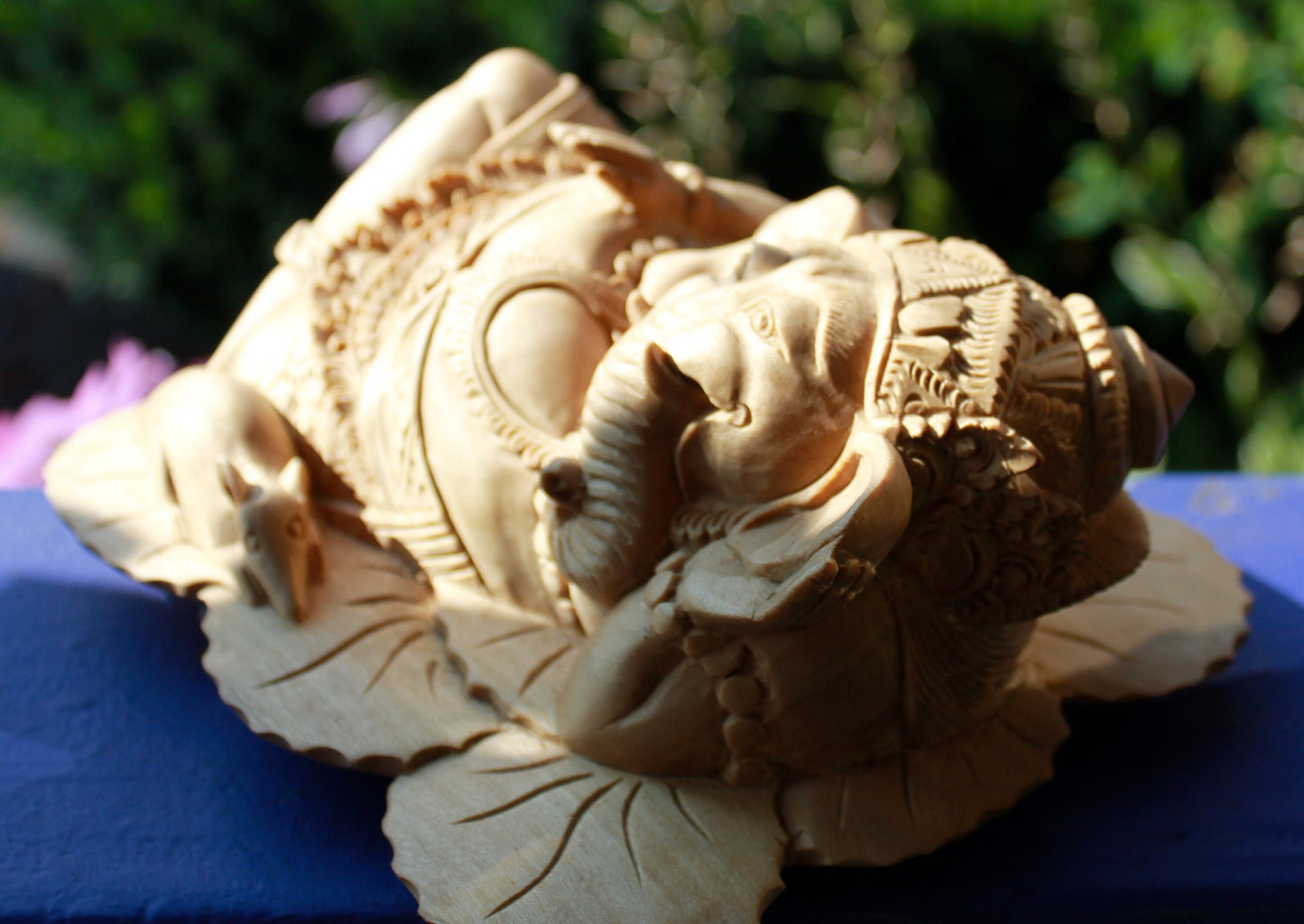 Balinese Reclining Ganesh with Vahana Mouse Wise Elephant God Wood Carving