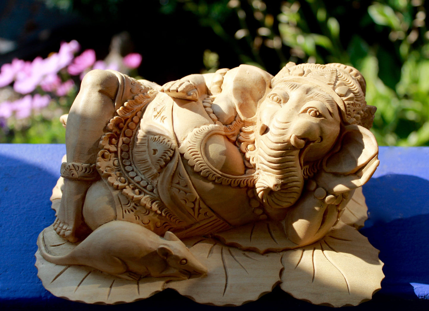 Balinese Reclining Ganesh with Vahana Mouse Wise Elephant God Wood Carving
