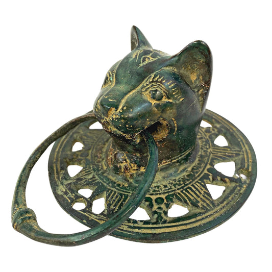 Cat Feline Door Knocker handle knob Cabinet Pull lost wax Cast Verdigris Green Bronze Metal Bali Art - Acadia World Traders