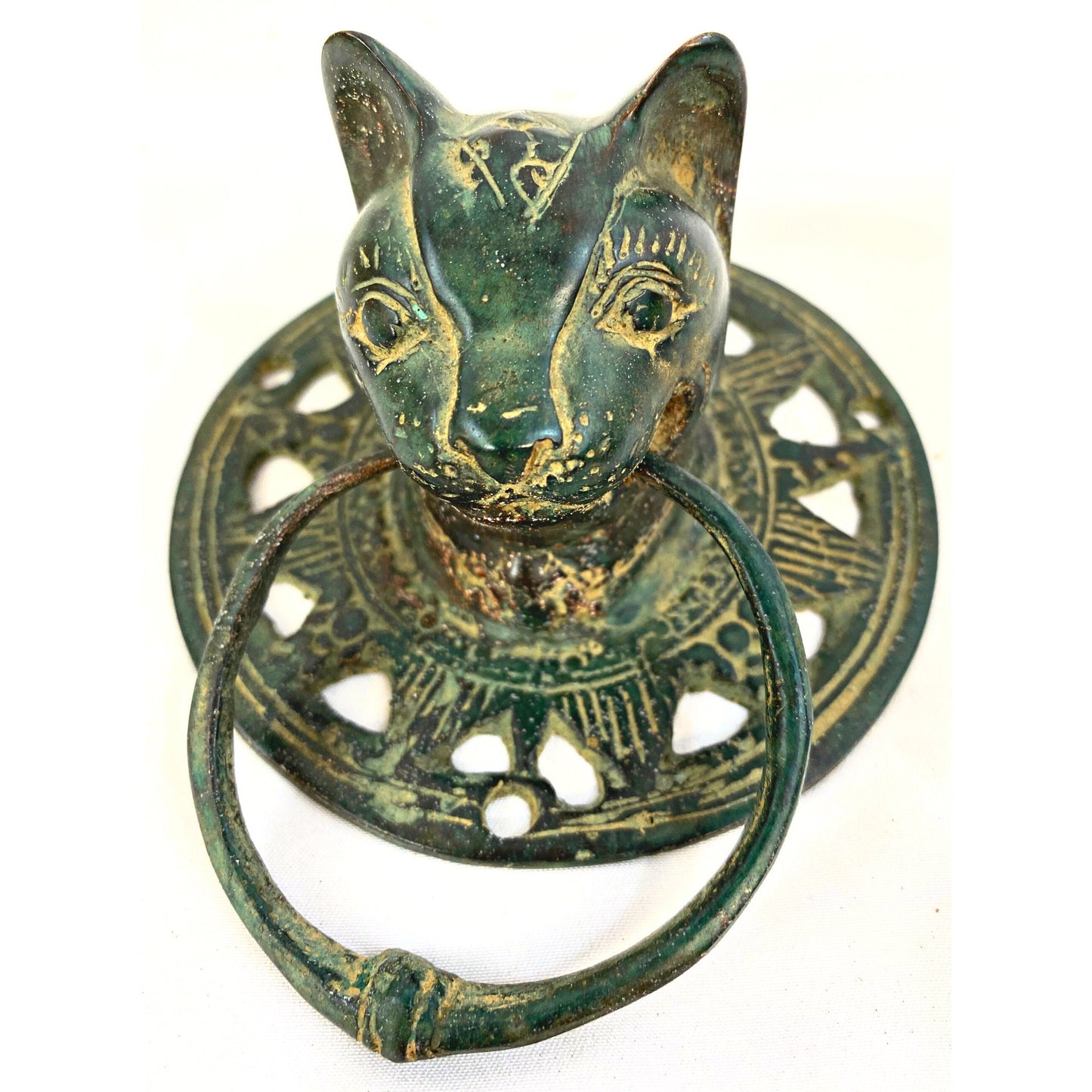 Cat Feline Door Knocker handle knob Cabinet Pull lost wax Cast Verdigris Green Bronze Metal Bali Art - Acadia World Traders