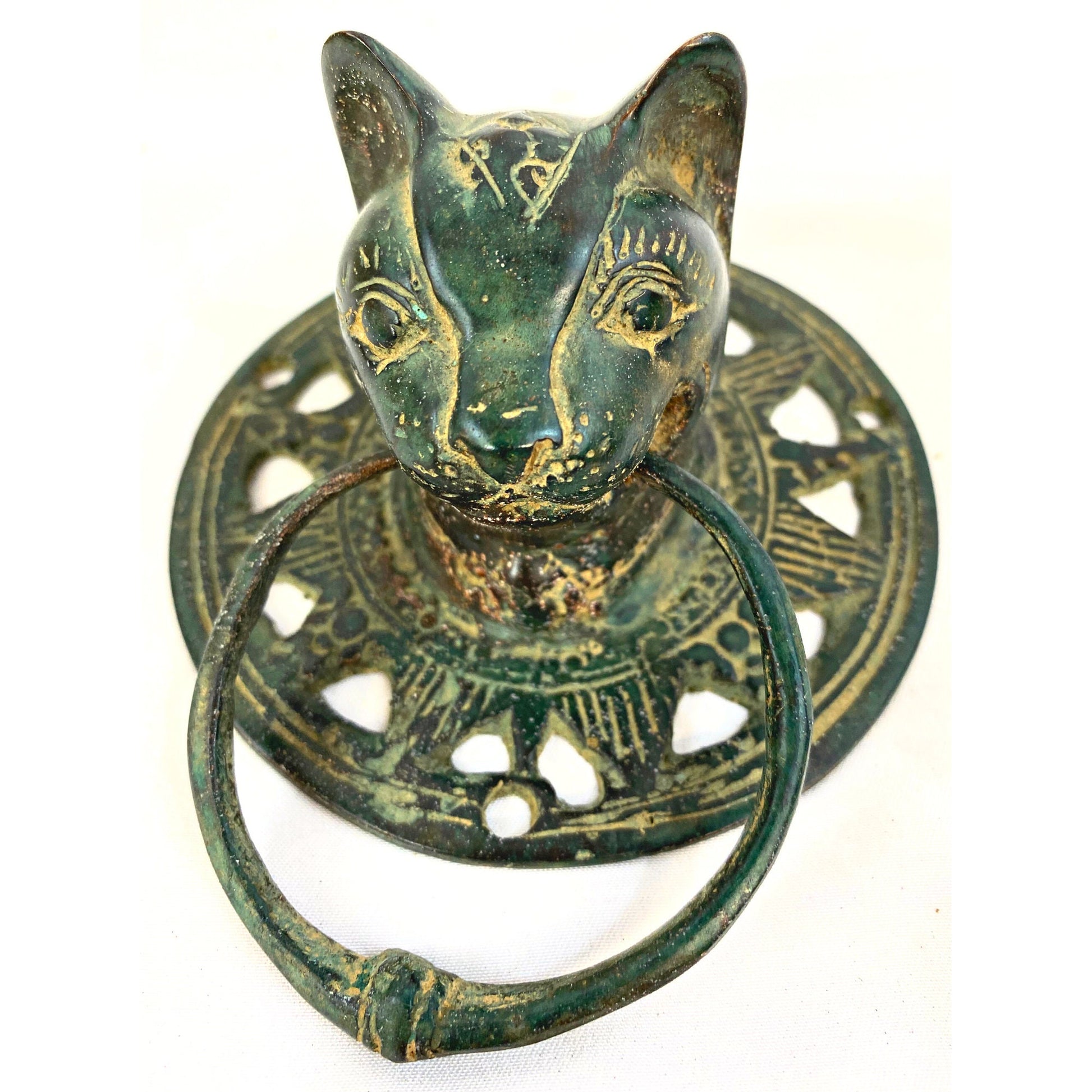 Cat Feline Door Knocker handle knob Cabinet Pull lost wax Cast Verdigris Green Bronze Metal Bali Art - Acadia World Traders