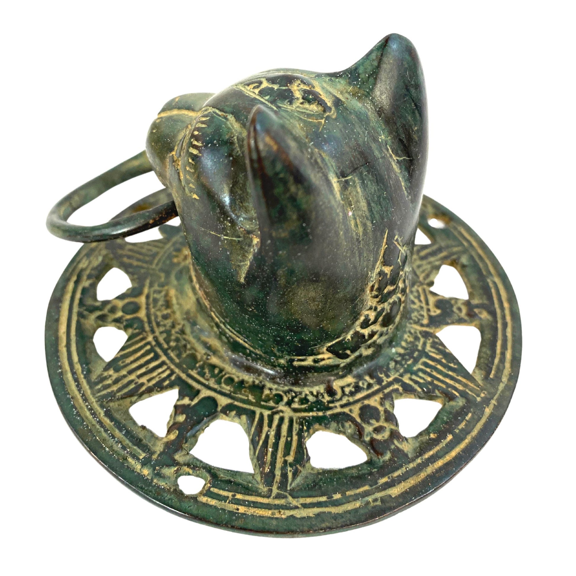 Cat Feline Door Knocker handle knob Cabinet Pull lost wax Cast Verdigris Green Bronze Metal Bali Art - Acadia World Traders