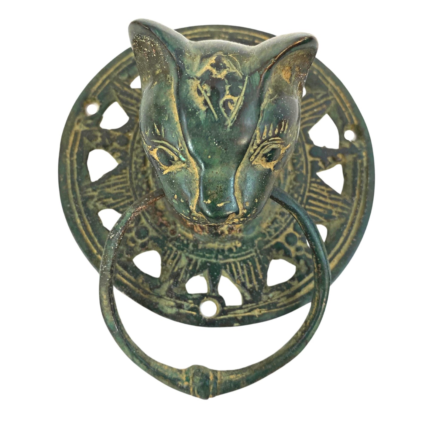 Cat Feline Door Knocker handle knob Cabinet Pull lost wax Cast Verdigris Green Bronze Metal Bali Art - Acadia World Traders