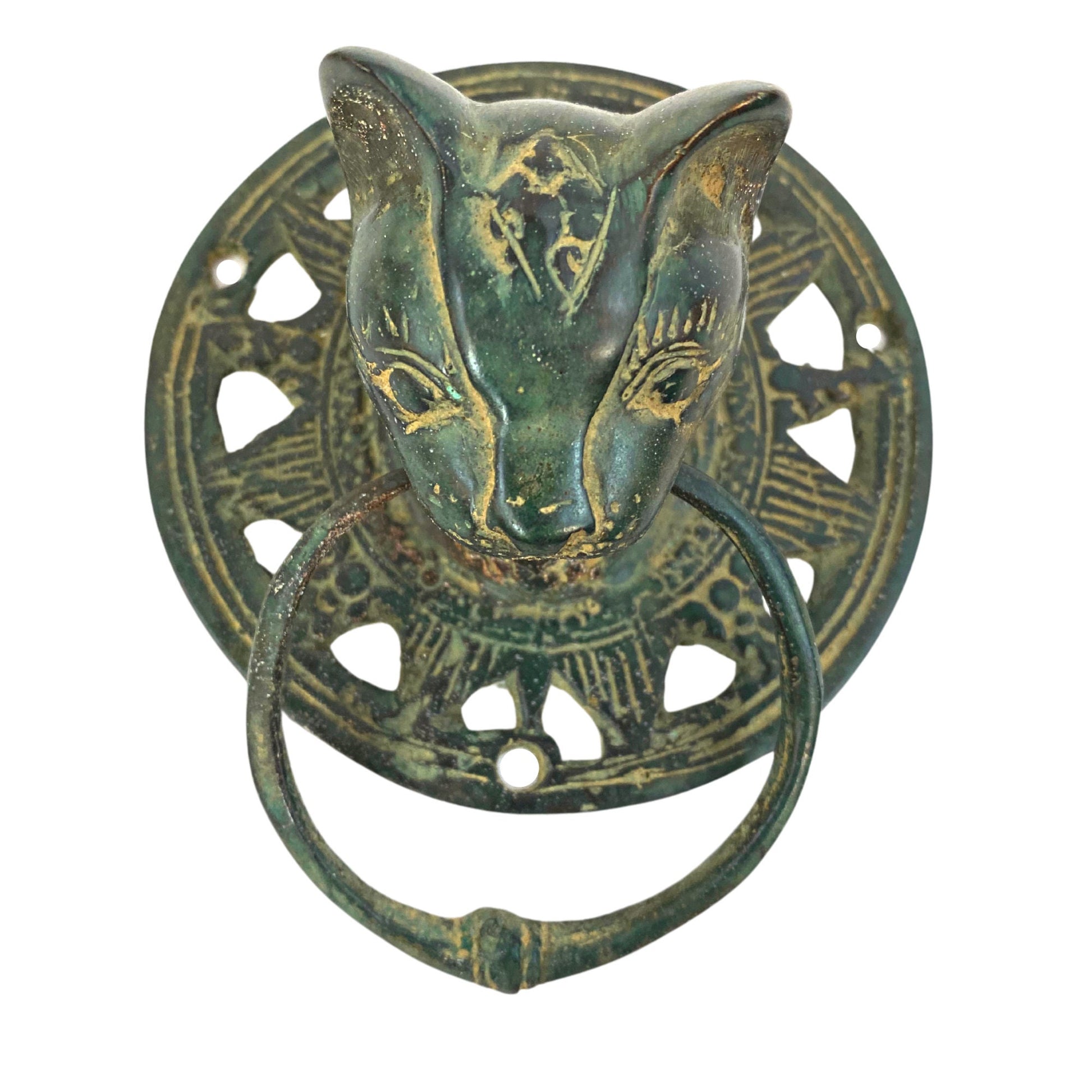 Cat Feline Door Knocker handle knob Cabinet Pull lost wax Cast Verdigris Green Bronze Metal Bali Art - Acadia World Traders