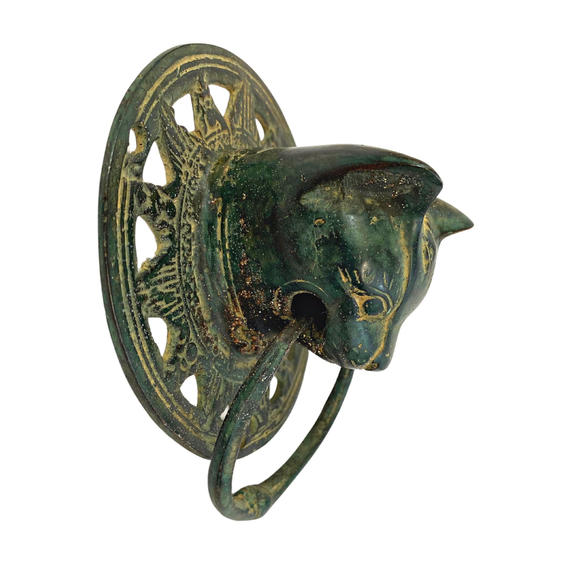 Cat Feline Door Knocker handle knob Cabinet Pull lost wax Cast Verdigris Green Bronze Metal Bali Art - Acadia World Traders