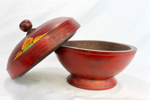 Balinese Offering tray Covered Fruit Bowl w/ cover hand carved wood vessel  Red Bali Ethnic Indonesian Folk Art Dulang