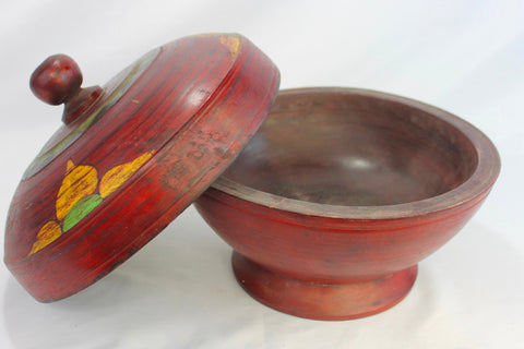 Balinese Offering tray Covered Fruit Bowl w/ cover hand carved wood vessel  Red Bali Ethnic Indonesian Folk Art Dulang