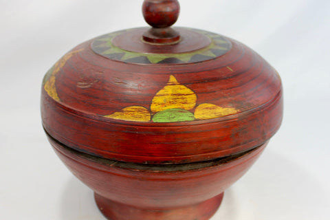 Balinese Offering tray Covered Fruit Bowl w/ cover hand carved wood vessel  Red Bali Ethnic Indonesian Folk Art Dulang