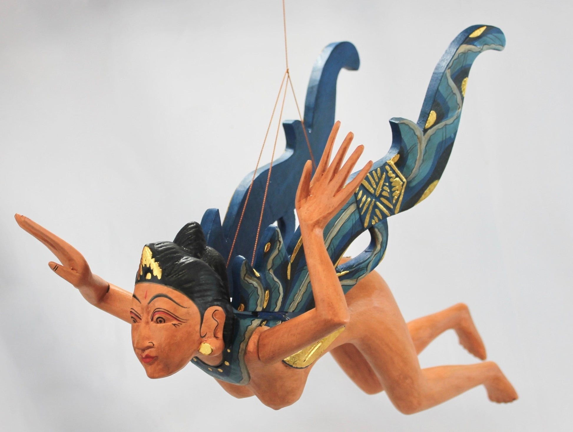 Flying Dewi Sri Nude Goddess Mobile Demon Chaser Carved Wood Balinese art Teal - Acadia World Traders