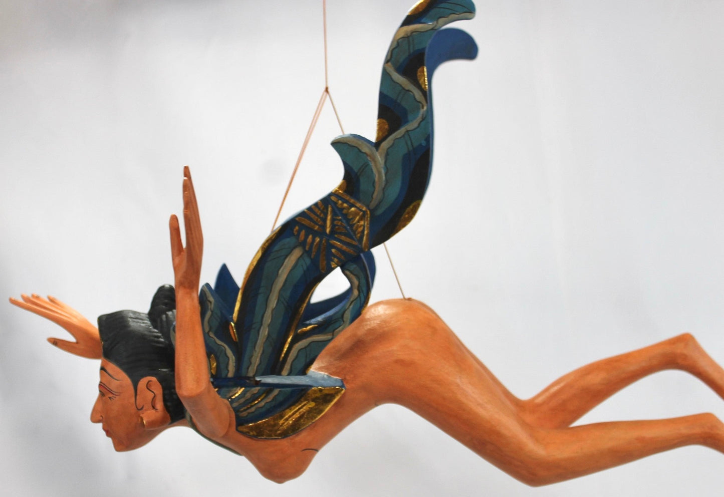 Flying Dewi Sri Nude Goddess Mobile Demon Chaser Carved Wood Balinese art Teal - Acadia World Traders