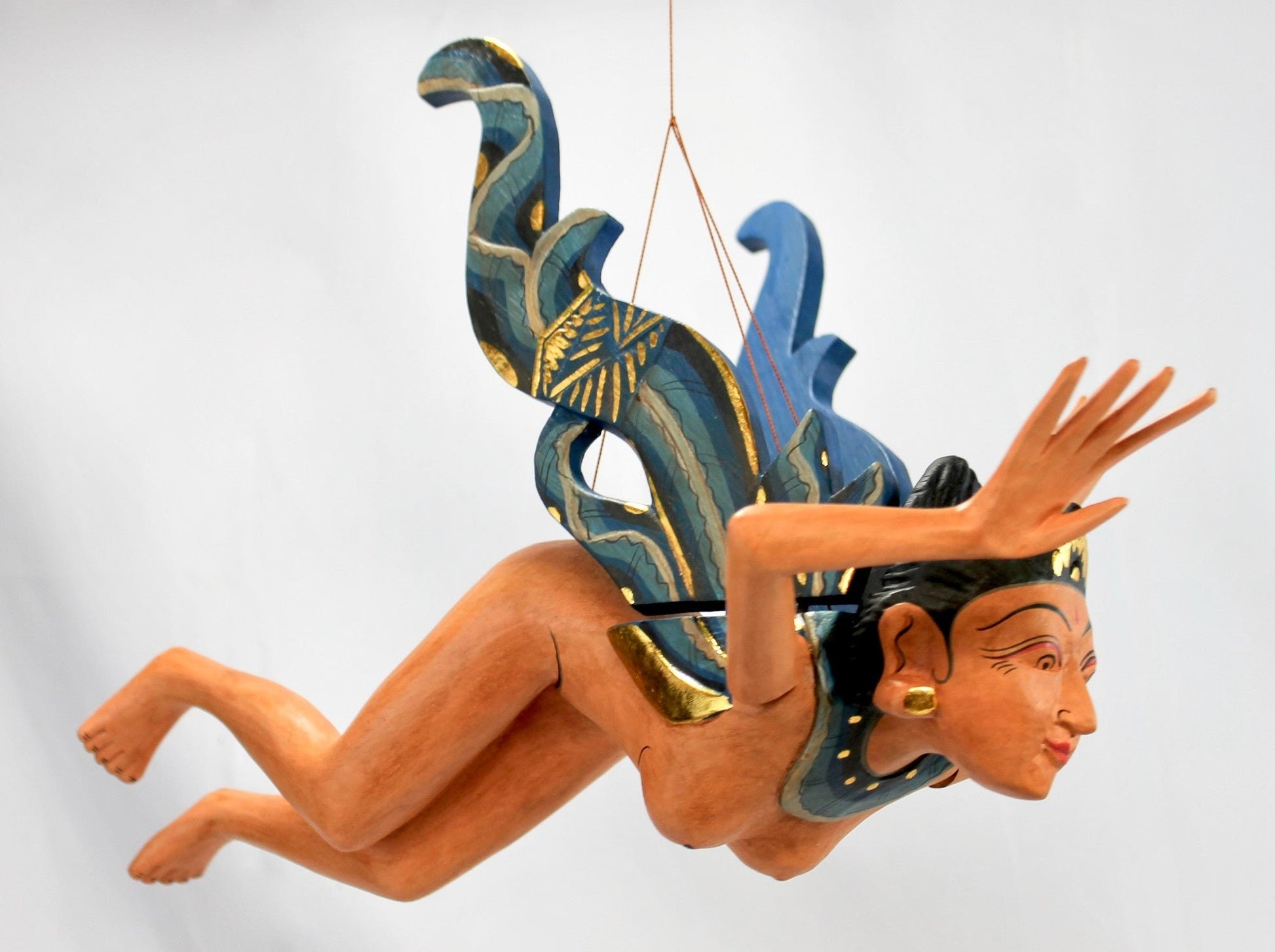 Flying Dewi Sri Nude Goddess Mobile Demon Chaser Carved Wood Balinese art Teal - Acadia World Traders