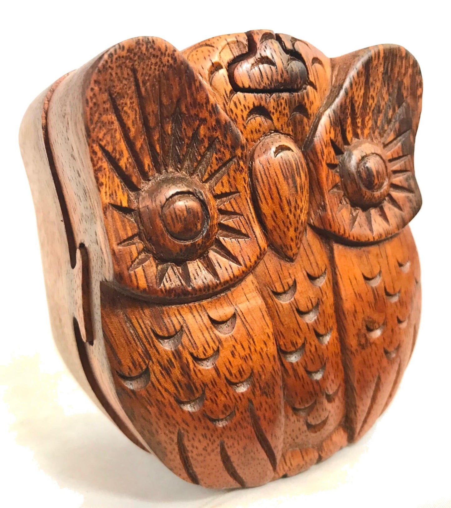 Horned Owl Box Secret Puzzle Stash box jewerly gift box Hand Carved Wood