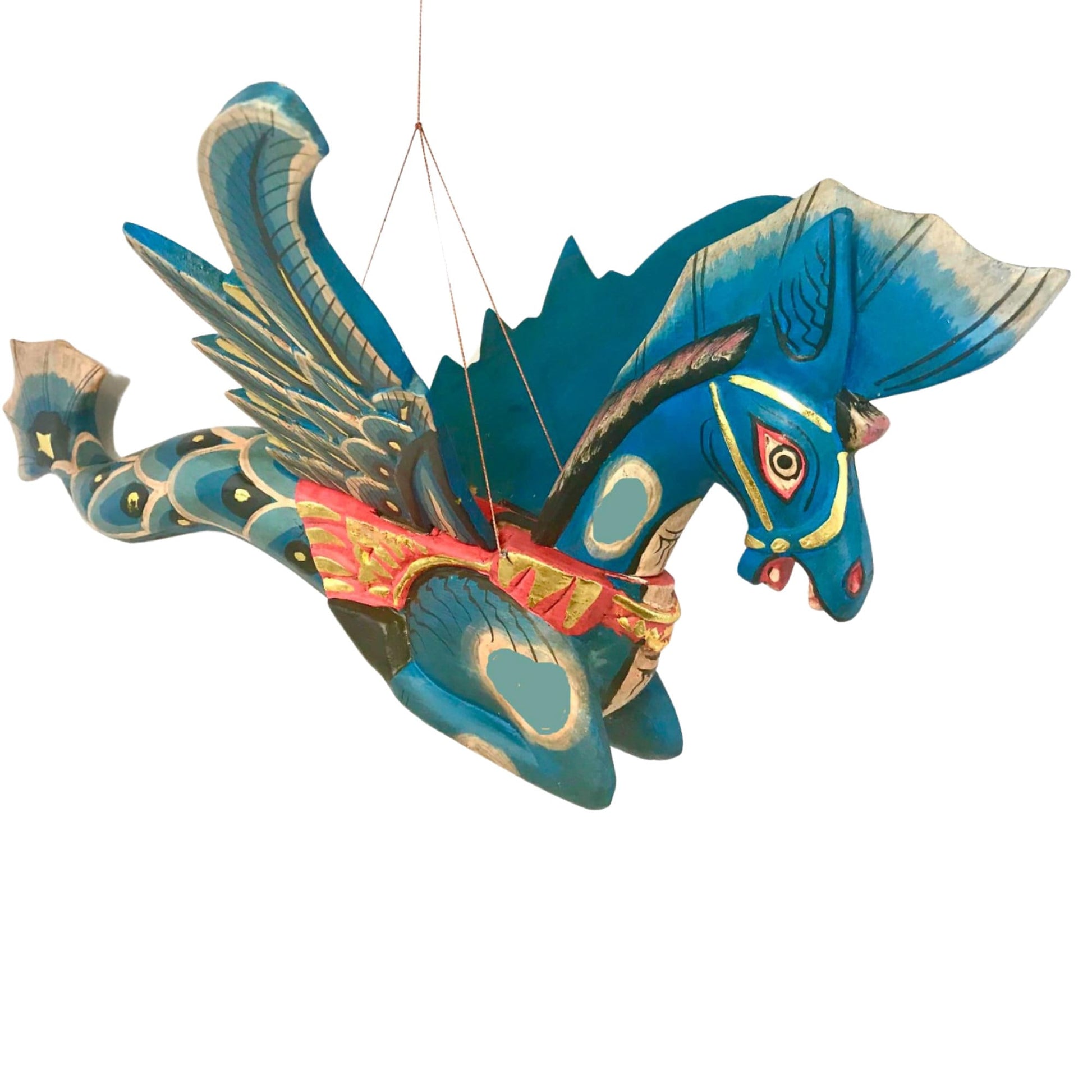 Bali Winged Seahorse Mobile Sea Horse Merhorse Spirit chaser Crib Guardian Balinese Folk art Hand Carved Wood Carving Teal Indonesian - Acadia World Traders