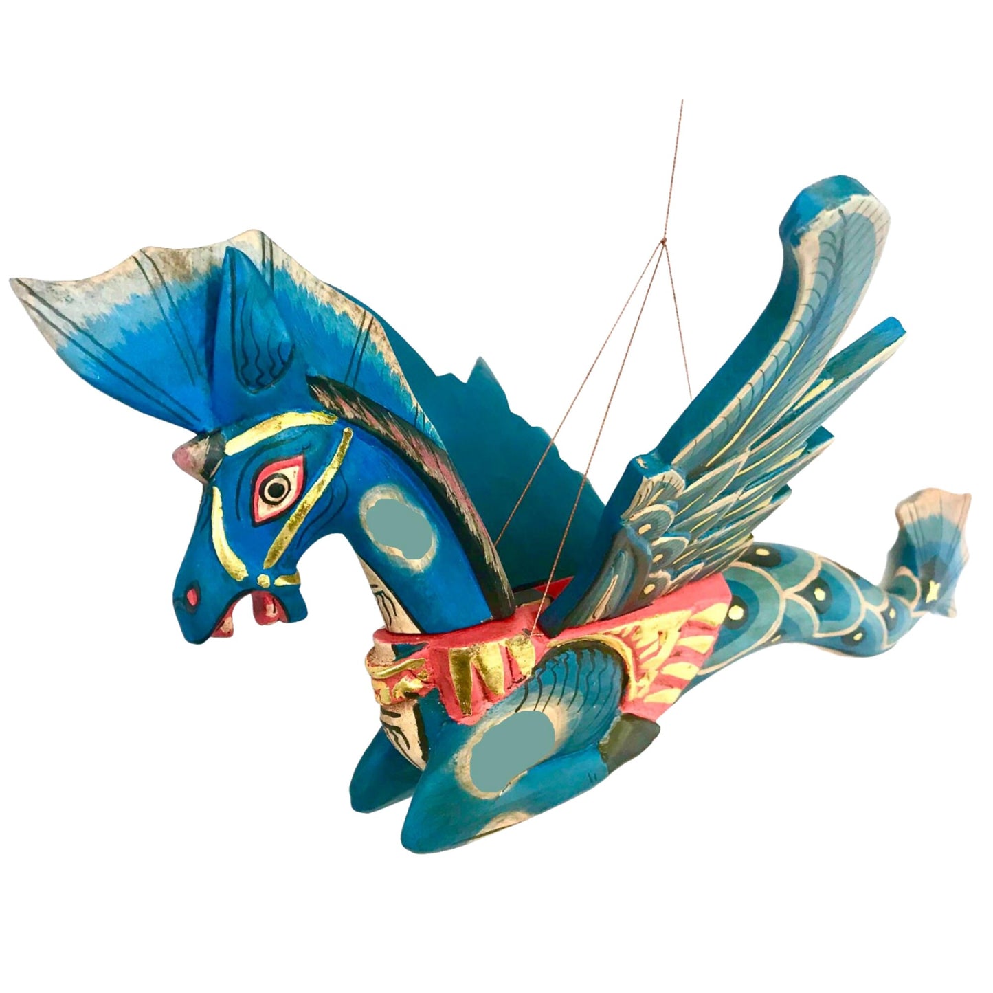 Bali Winged Seahorse Mobile Sea Horse Merhorse Spirit chaser Crib Guardian Balinese Folk art Hand Carved Wood Carving Teal Indonesian - Acadia World Traders