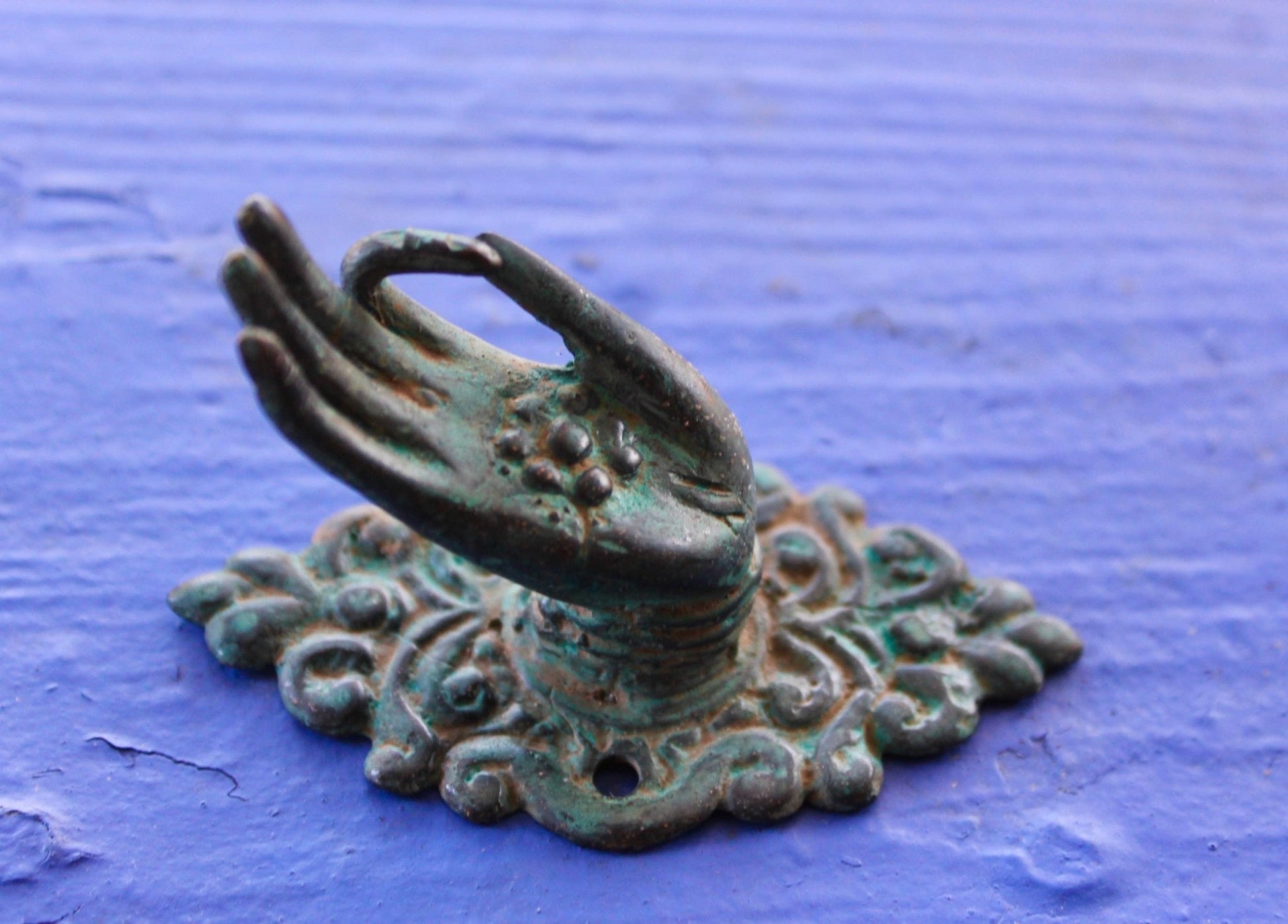 Buddha Abhaya Mudra Handle Knob Hook Verdigris Bronze - Acadia World Traders