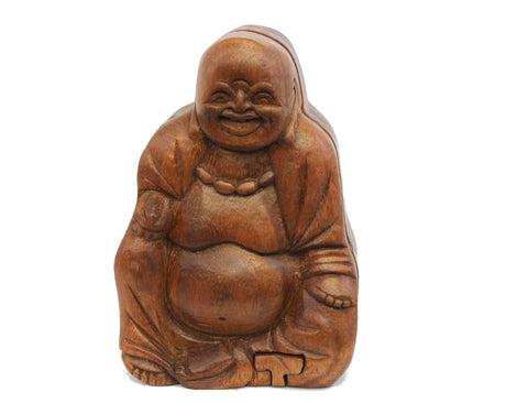 Laughing Fat Buddha secret puzzle Box Stash Trinket jewelry carved wood Bali art