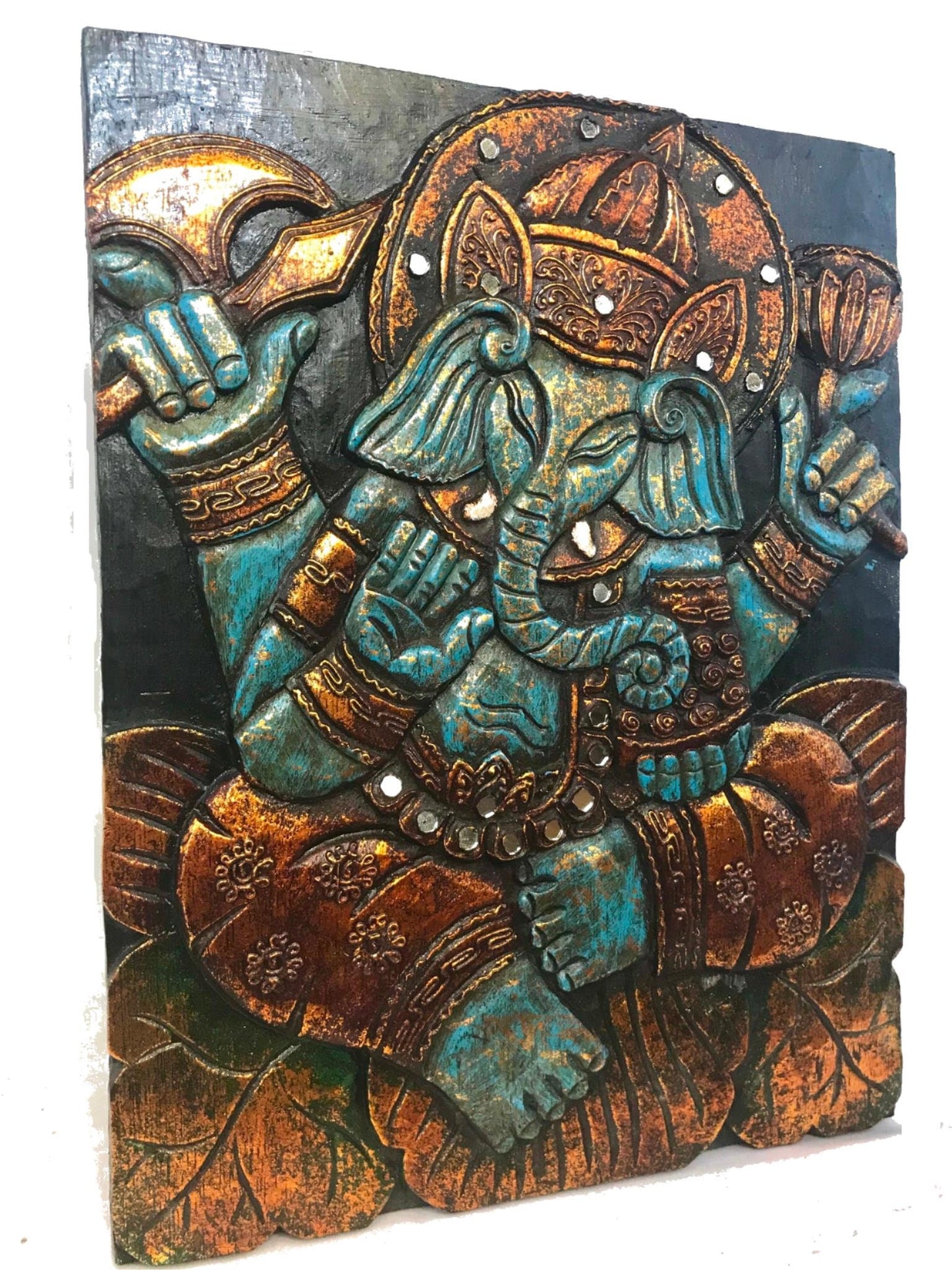 Blue Ganesha Lotus Pose Hand Carved Wood Carving Wall Art Decor Sculpture Panel Balinese Hindu  folk Art Elephant God - Acadia World Traders