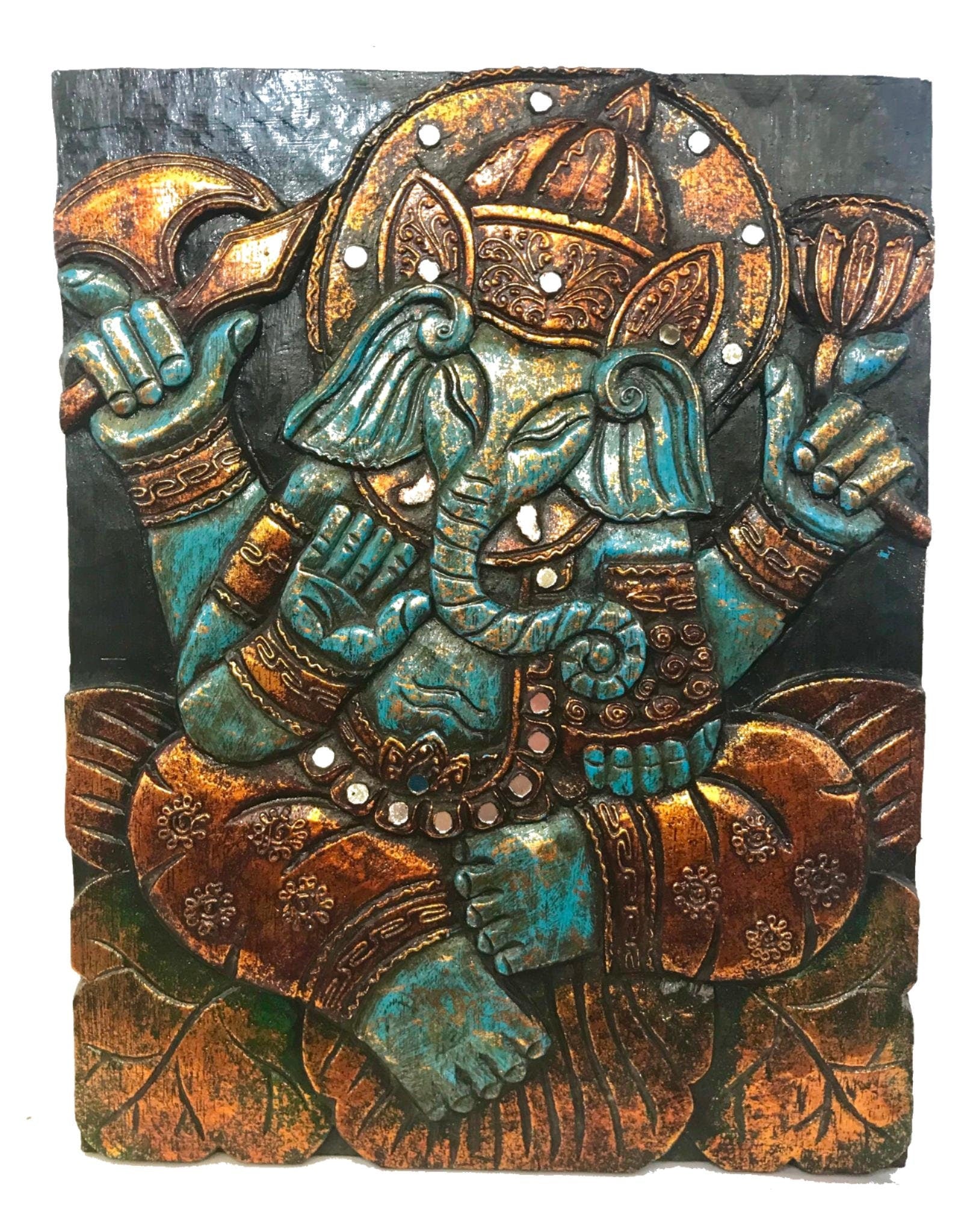 Blue Ganesha Lotus Pose Hand Carved Wood Carving Wall Art Decor Sculpture Panel Balinese Hindu  folk Art Elephant God - Acadia World Traders