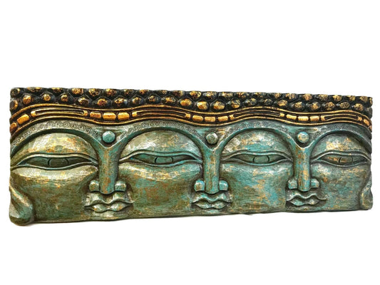 Infinite Faces of Buddha Panel Hand Carved Wood Carving Bali Wall Sculpture Balinese Folk Art Blue 23&quot;