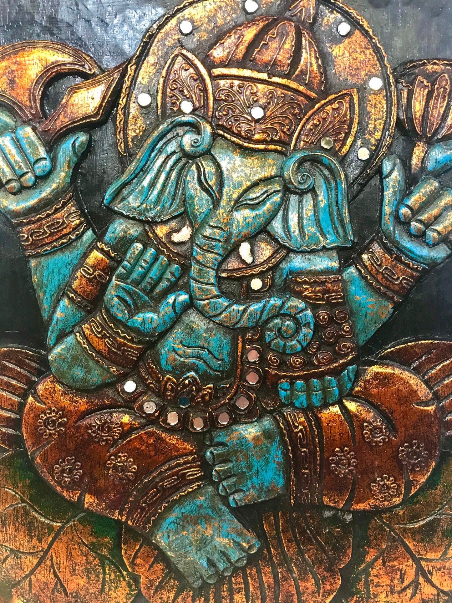 Blue Ganesha Lotus Pose Hand Carved Wood Carving Wall Art Decor Sculpture Panel Balinese Hindu  folk Art Elephant God - Acadia World Traders